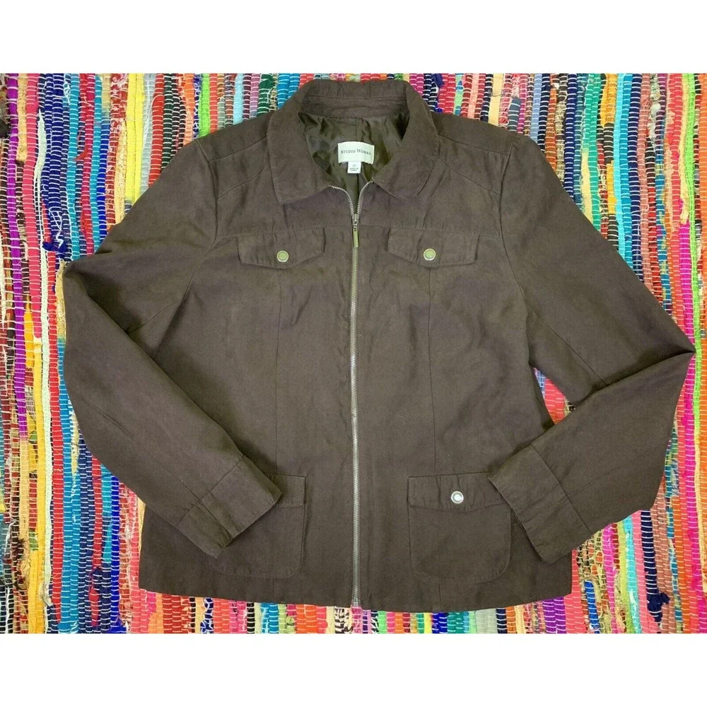 Studio Works Women Jacket 12 Brown Faux Suede/Microfibre Full Zip Lined Pockets